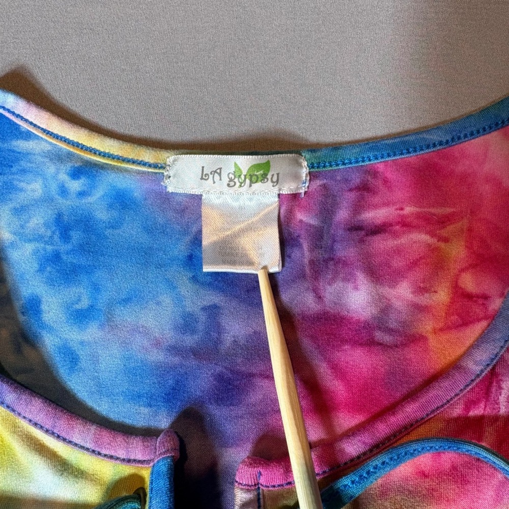 LA Gypsy Womens Tie Dye Lace Up Front Bodysuit Blue Yellow Pink Size Medium - Picture 2 of 7